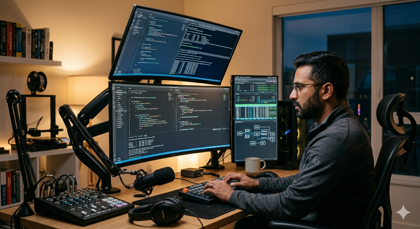 Freelance web developer at a multi-monitor workstation building a client site
